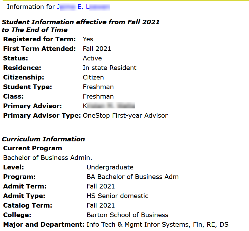 General Student Information being displayed