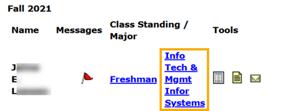 Major being highlighted to show association with General Student Informatio