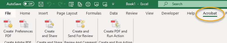 Acrobat tab in Excel ribbon