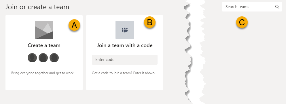 Join or create team page, as described