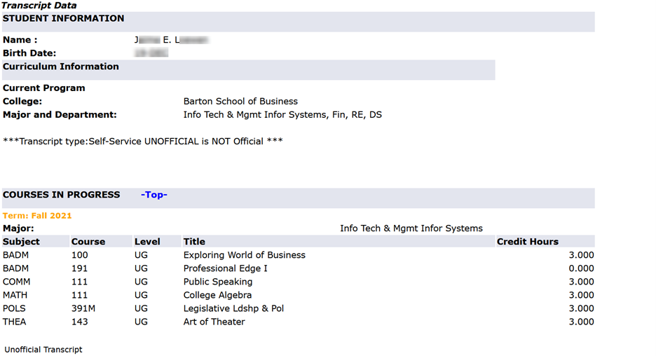 Transcript information being displayed