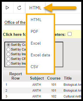 WSU Reporting Export Options list of HTML, PDF, Excel, Excel data, and CSV file formats
