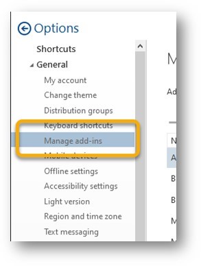 General section, Manage Add Ins 