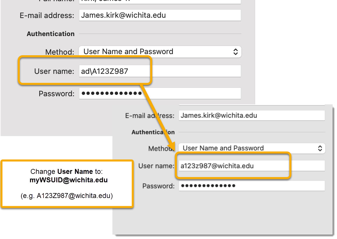 Change user name to mywsuid@wichita.edu