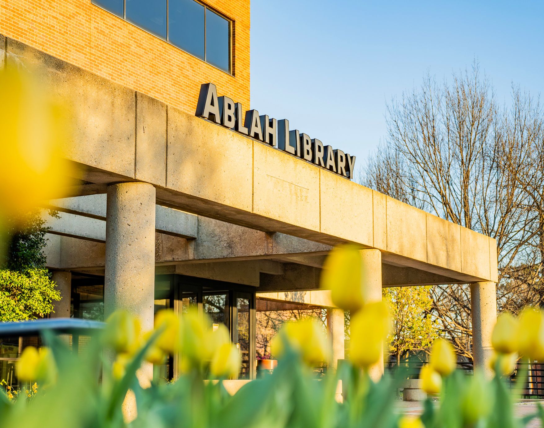 Ablah Library from the front at sunset