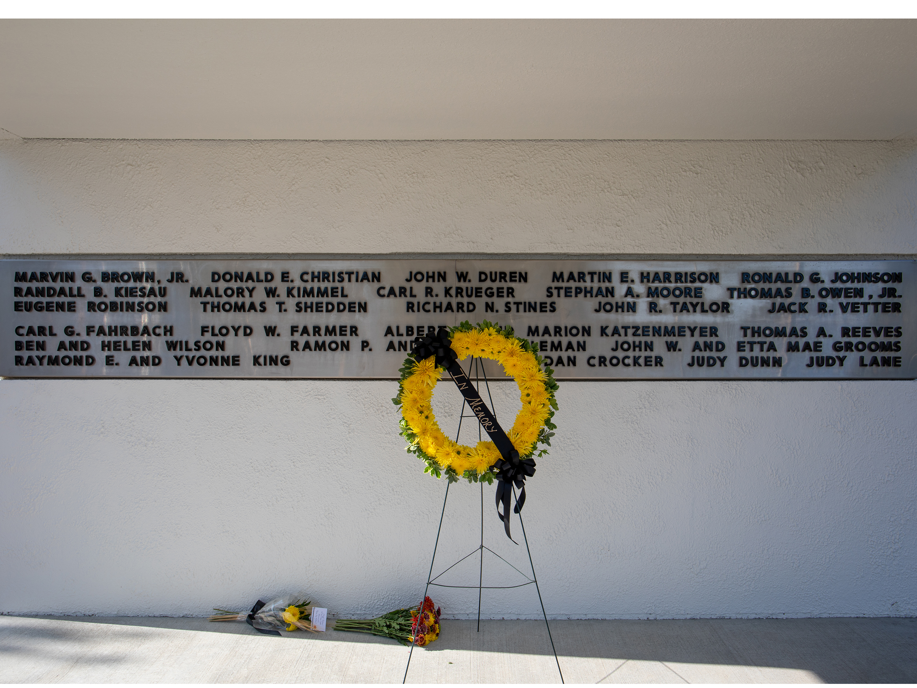 Names of lives lost in the crash on Oct. 2, 1970 are displayed on Memorial '70, located on the Wichita State campus.