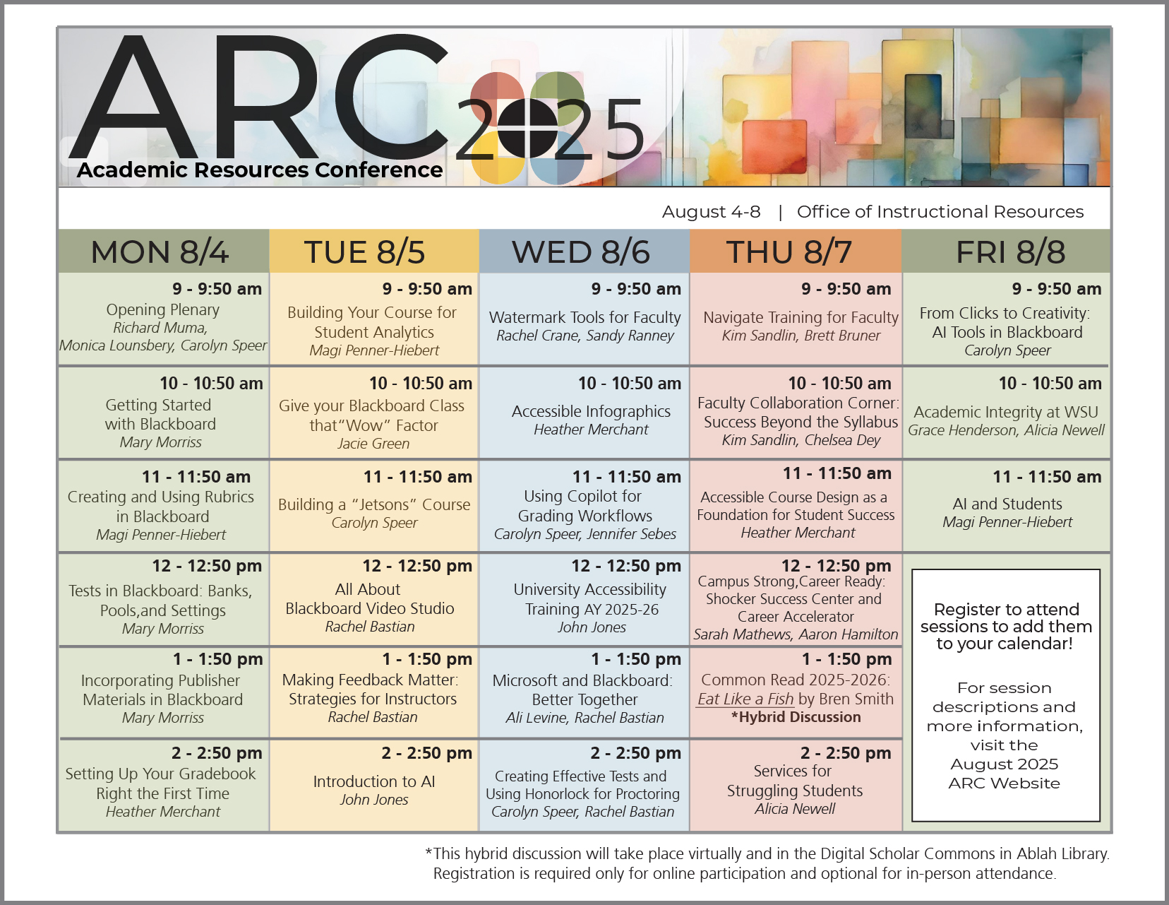 Click to download tagged PDF Grid calendar of the August 2025 ARC sessions