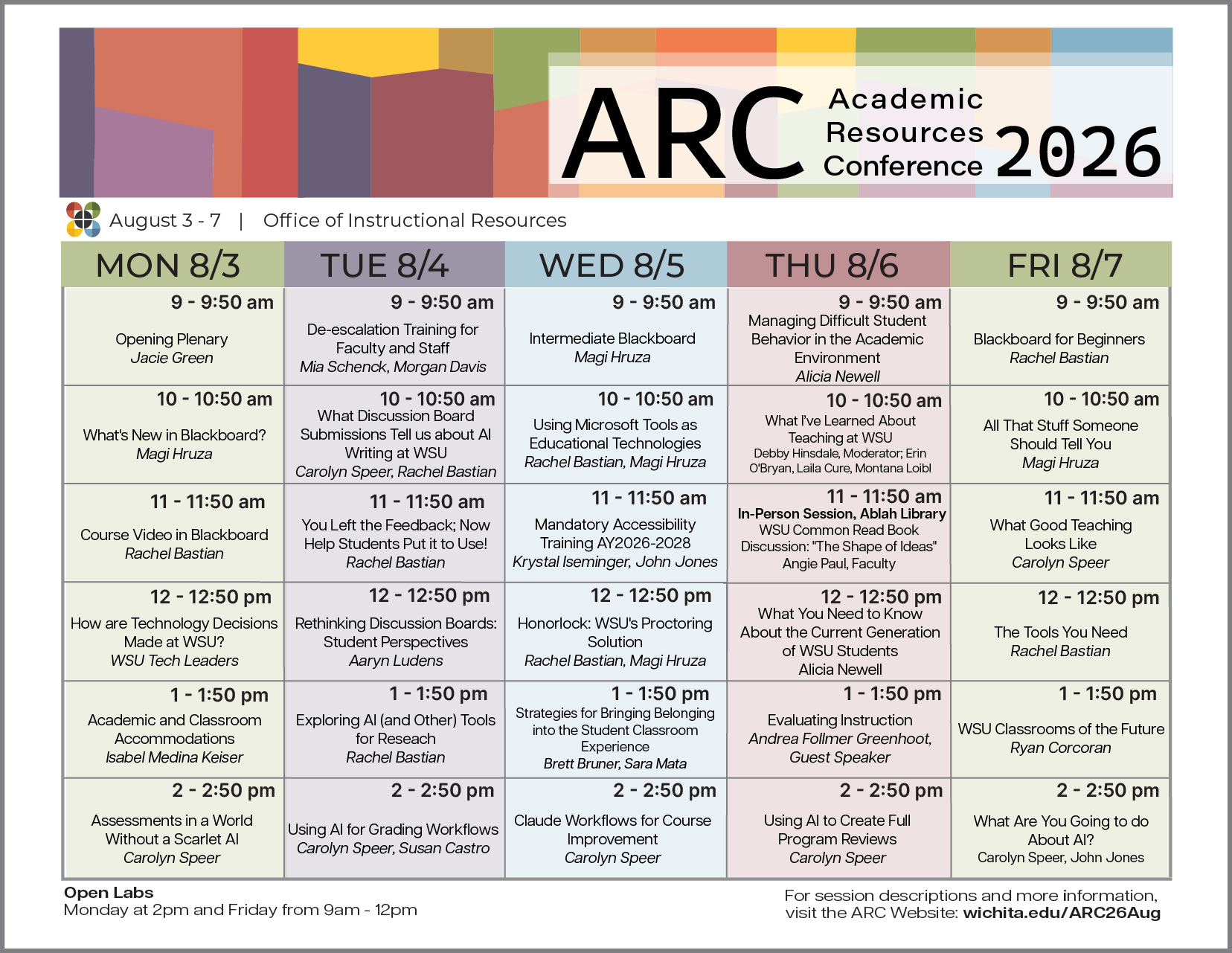 August 2026 ARC week-at-a-glance schedule
