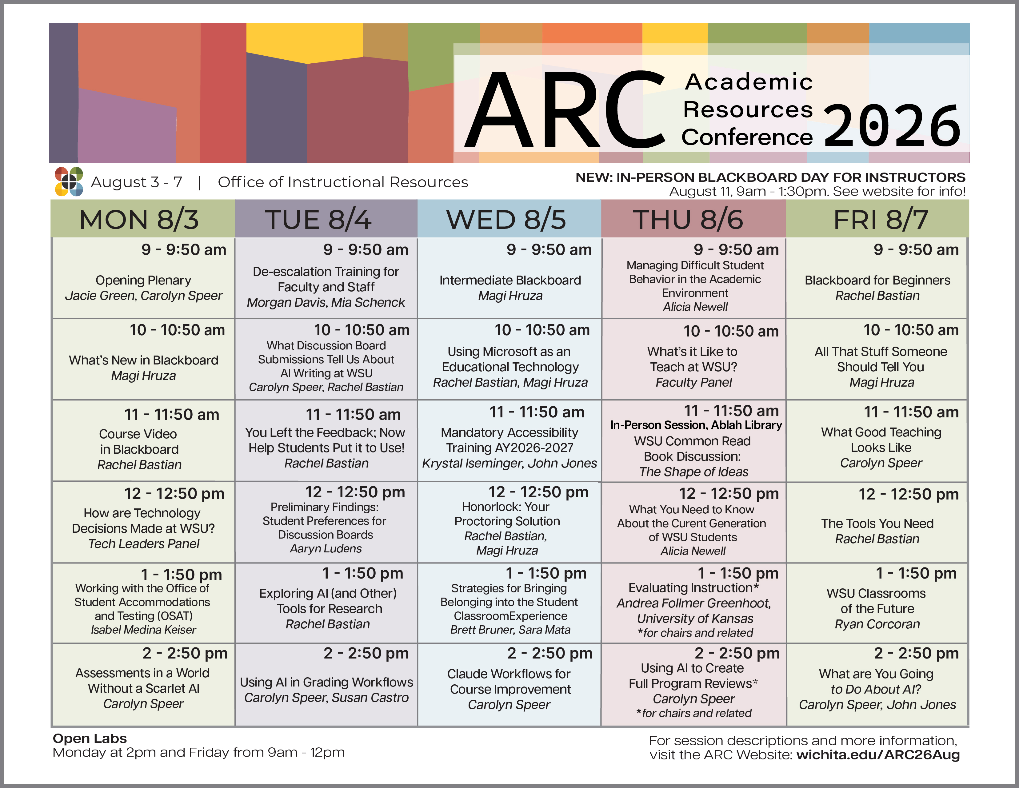 August 2026 ARC week-at-a-glance schedule