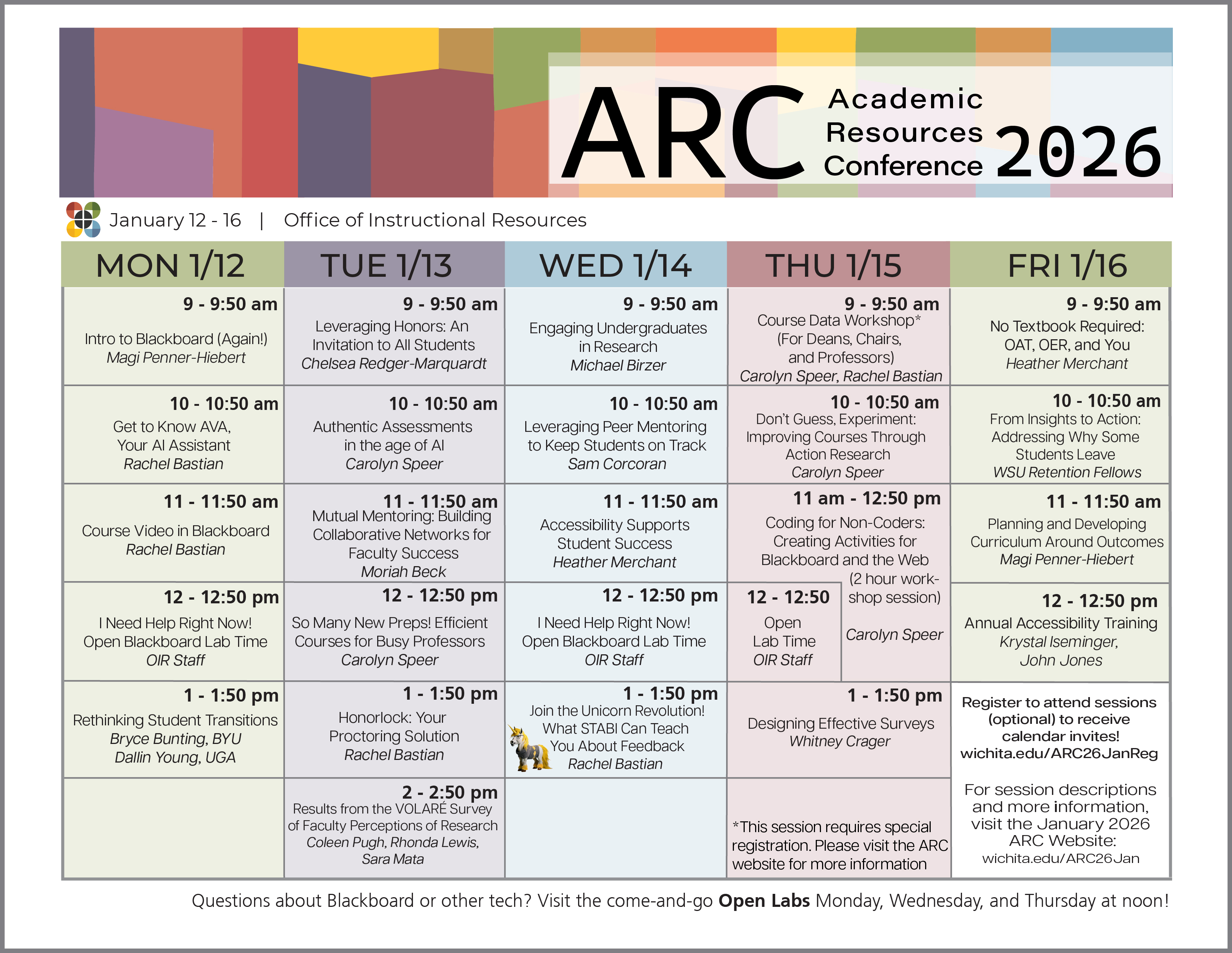 Calendar view of the January 2026 ARC week-at-a-glance