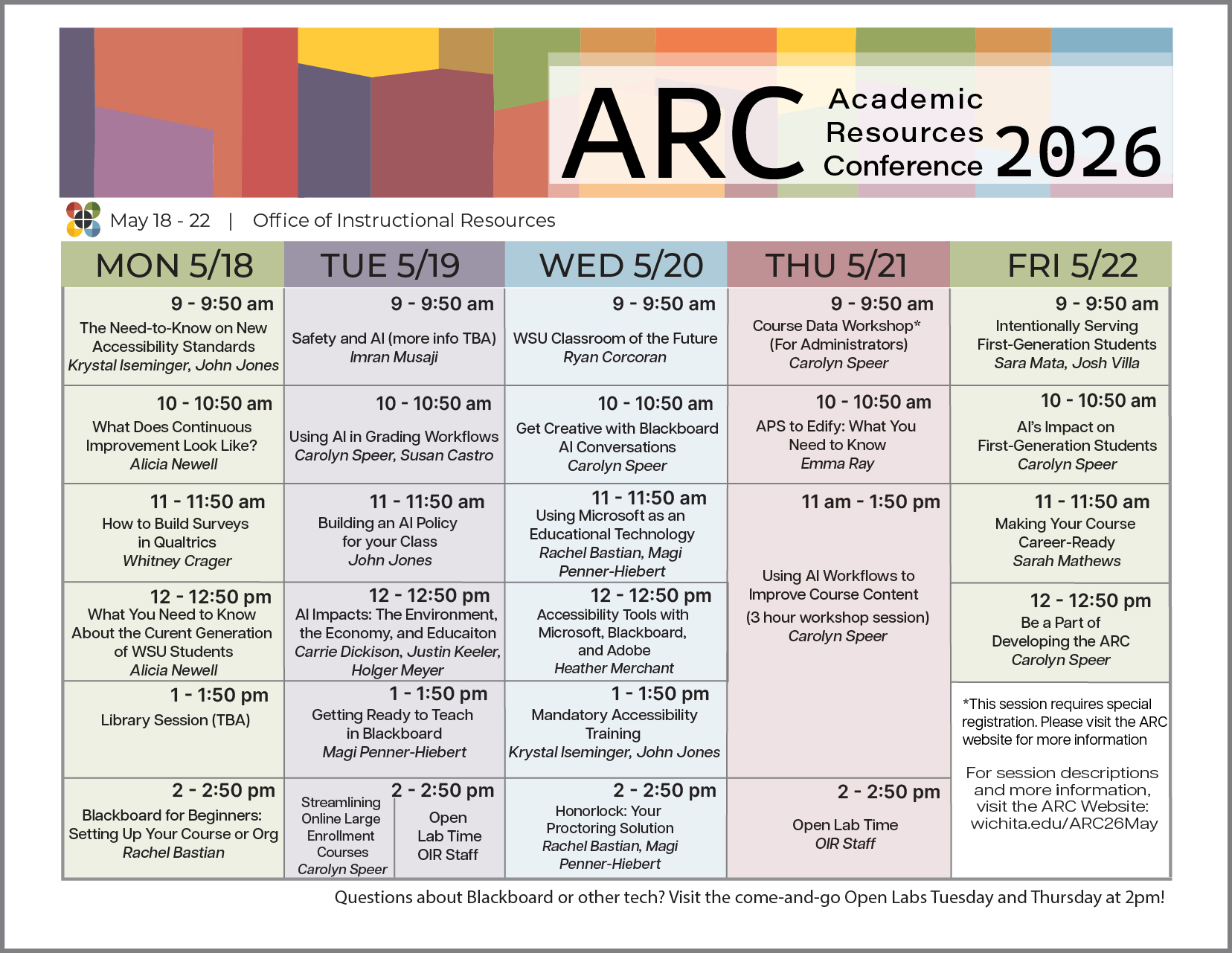 May 2026 ARC week-at-a-glance schedule