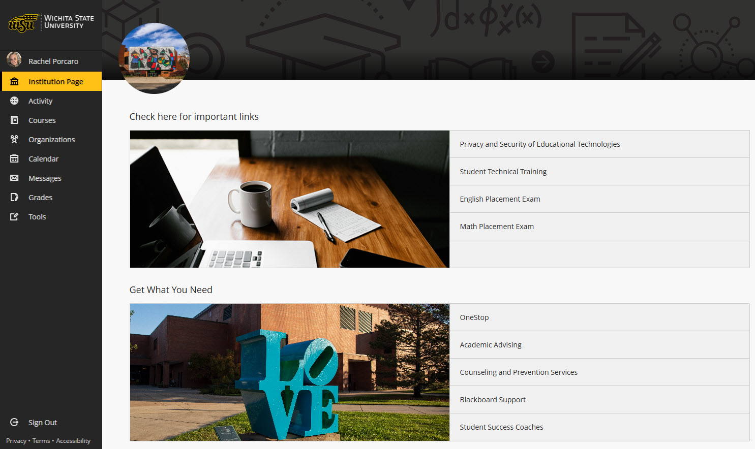 Screenshot of Blackboard base navigation updates, with the sign out button now at the bottom.