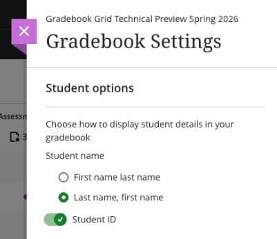 Choose the order to display student names and whether to enable the student ID column in the Gradebook Settings.