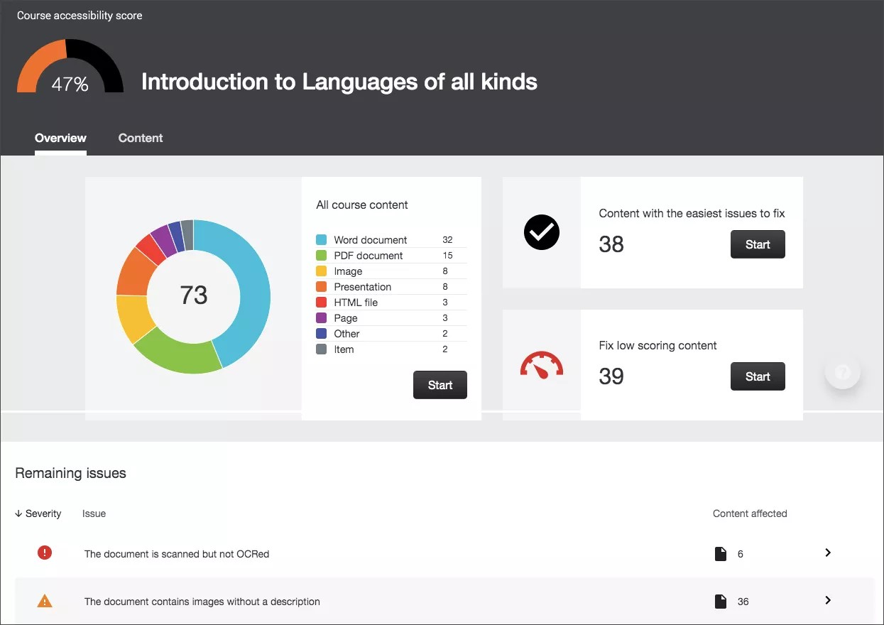 Ally course accessibility report with example charts and graphs of items