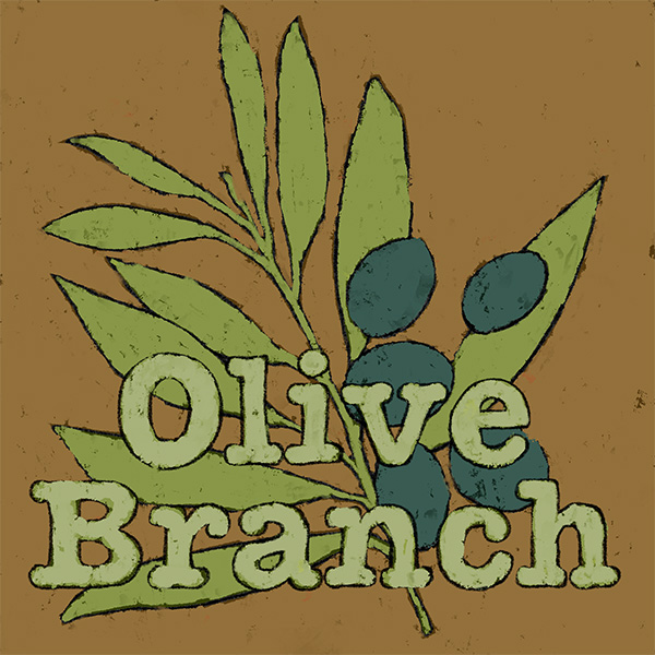 illustration showing hard-to-read text which reads, "Olive Branch" on top of an image of olive branches