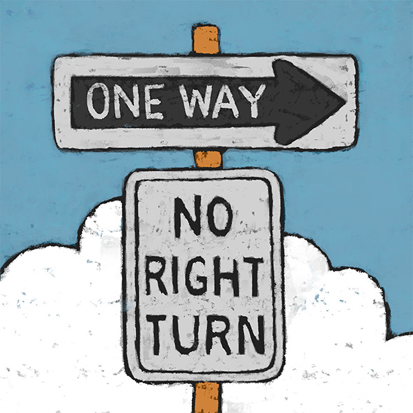 An image of a sign with arrow pointing to the right which reads, "One Way', with another sign below which reads, "No Right Turn"