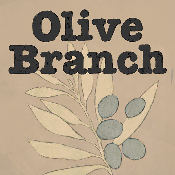 illustration of easy-to-read text that reads, "Olive Branch" sitting on top of an illusration of an olive brach