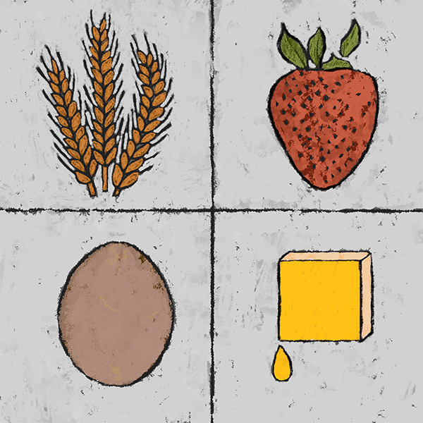illustrations depicting wheat, an egg, a tab of butter, and a strawberry