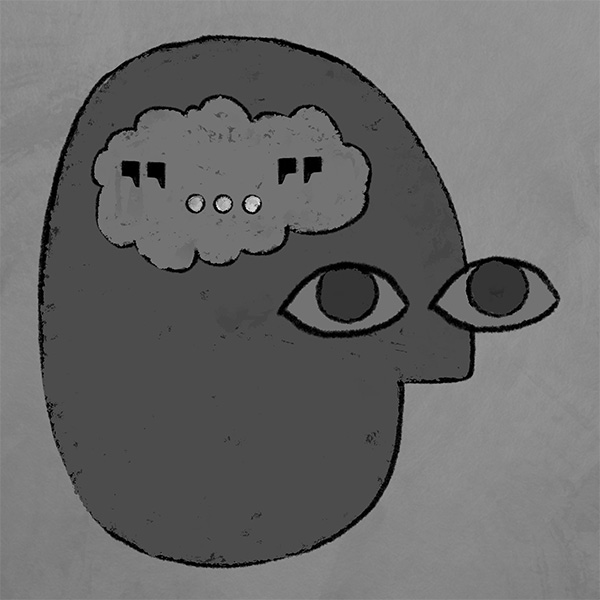 illustration of a stylized person with quotation marks inside of a bubble inside of their head
