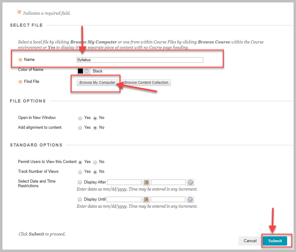 Blackboard Course File upload page with "Subject," "Browse my Computer" and "Submit" areas highlighted.