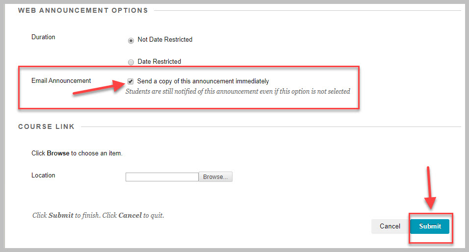 Blackboard Announcements page demonstrating location of "email" and "submit" buttons