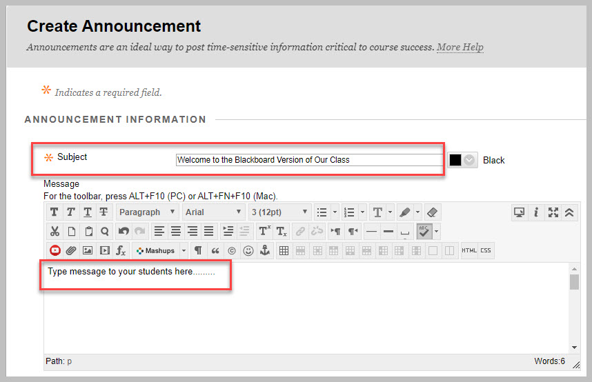 Blackboard Course "Create Announcement" page with subject and message areas highlighted with 