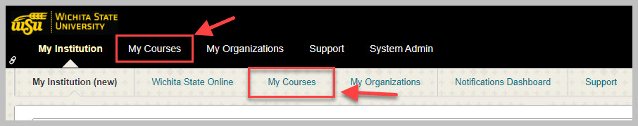 Blackboard course page with "Courses" button highlighted