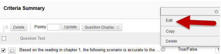 Image of edit option for questions in Blackboard pools