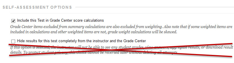 Image of the Self-Assessment Options in the Test Options area
