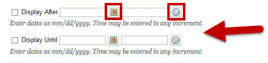 Display date options shown with calendar and clock icons surrounded by red boxes