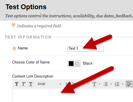 An arrow points to the text box used to provide a name for the test and a description