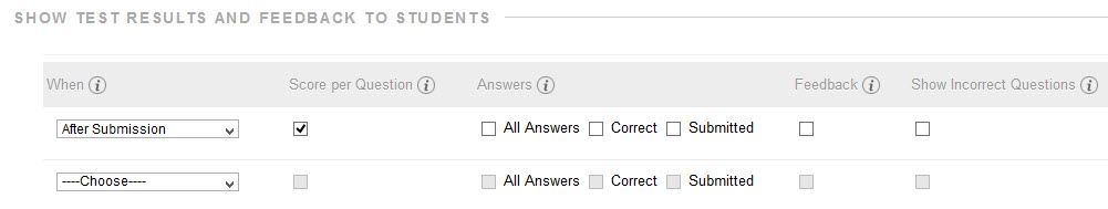 Image of the Results and Feedback options in test settings