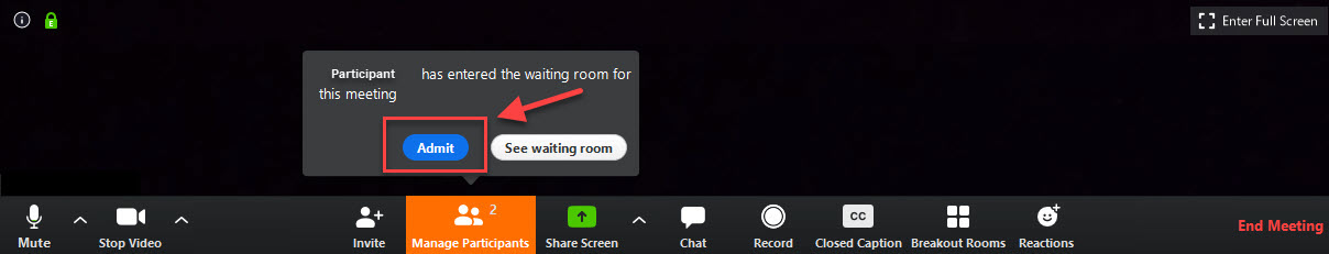 Zoom icon ribbon with "Manage Participants" and "Admit" buttons highlighted