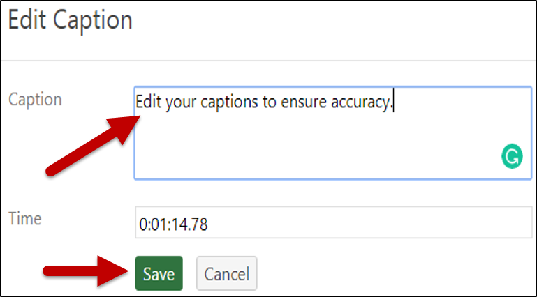 Edit the caption timestamp and text