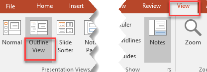 Outline View in PowerPoint Home tab