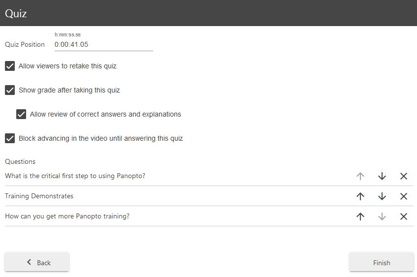 Final quiz settings