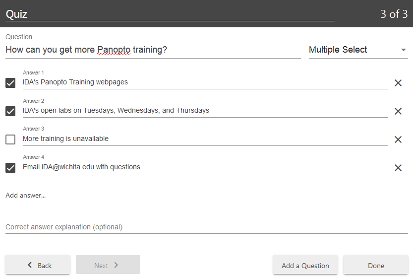Multiple Answer questions in Panopto quizzing