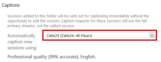 Image of the Cielo24 captions option in Panopto folder settings
