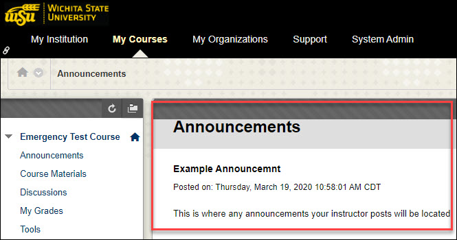 Blackboard course announcements page