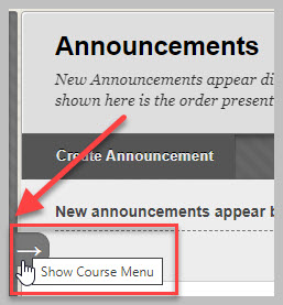 Blackboard course indicating where to hover to recover navigation menu