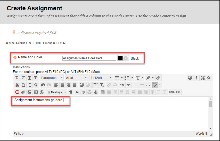 blackboard assignment name and color area highlighted
