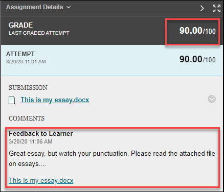 comment and grade box for an assignment in blackboard