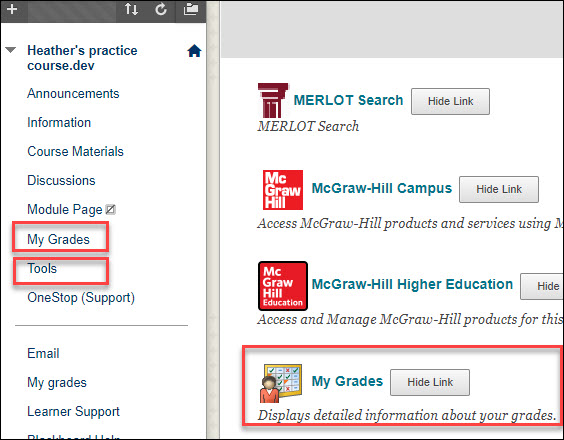 mygrades and tools buttons highlighted inblackboard side navigation menu