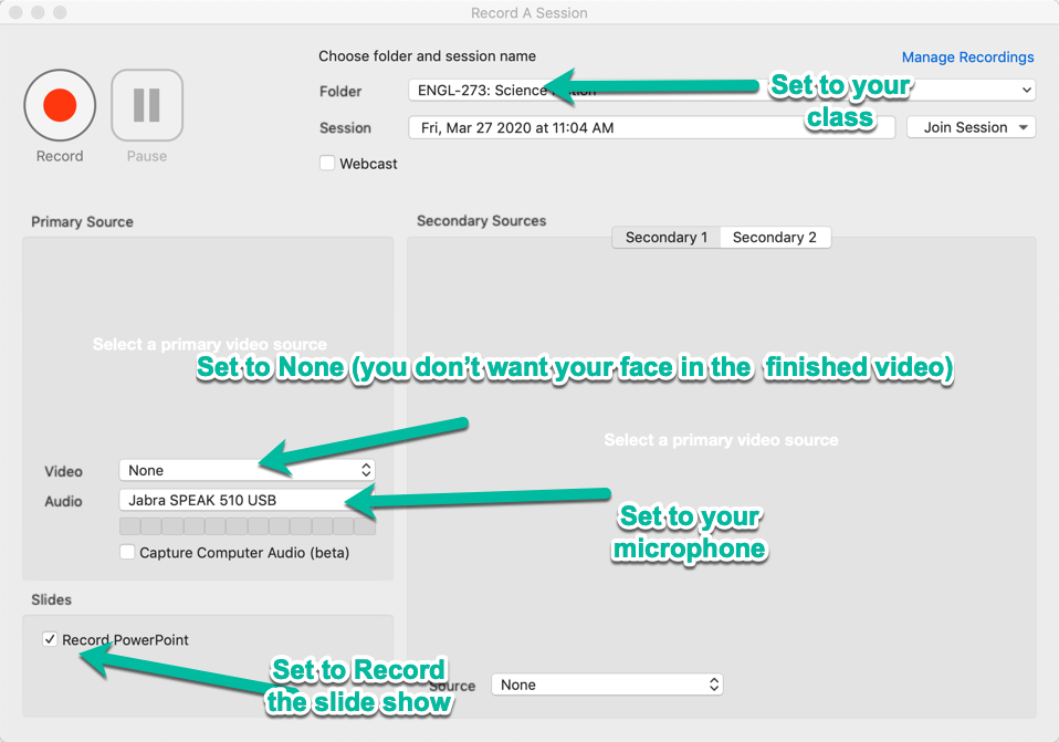 Panopto recording setup Screen with key areas called out.  