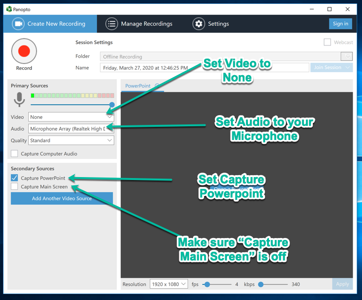 Panopto Recorder Screen on the PC with key areas highlighted.