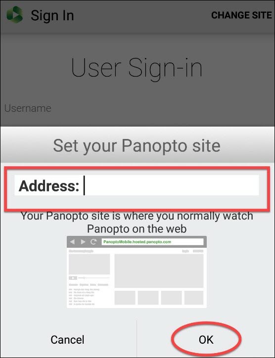 panopto sign-in window with address field highlighted