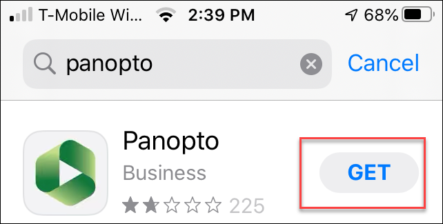 panopto download "get" button circled in app store