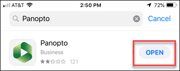 open button circled for panopto app in app store