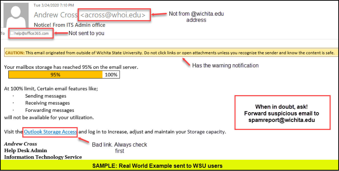 check that the email came from an address that matches the name, that it was originally sent to you, and. that any embedded links go where the hyperlink says the will. Pay attention if WSU has added a caution warning about where it originated too. The sample shown in the image is a real phishing email.