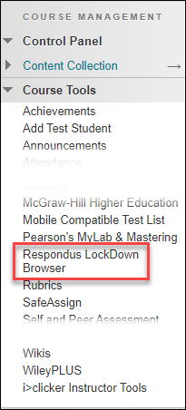Blackboard navigation toolbar with "respondus ldb" circled
